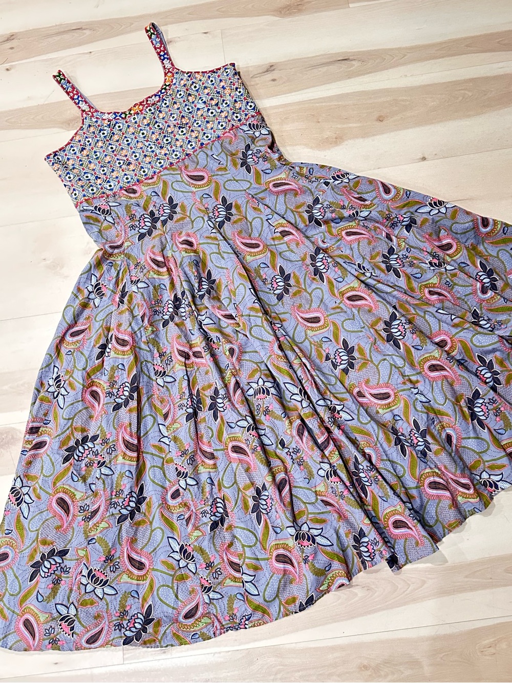 The Pyramid Collection Midi Dress Sz L Blue Paisley Embroidered Boho Summer